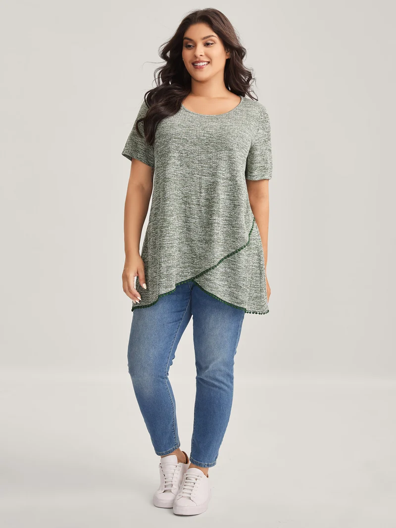 Heather Lace Overlap Hem Solid T-Shirt