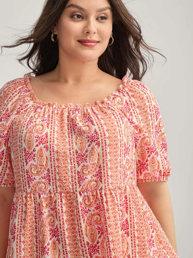 Stripe Paisley Print Ruffled Neck Blouse