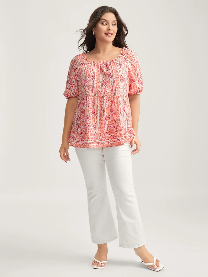 Stripe Paisley Print Ruffled Neck Blouse