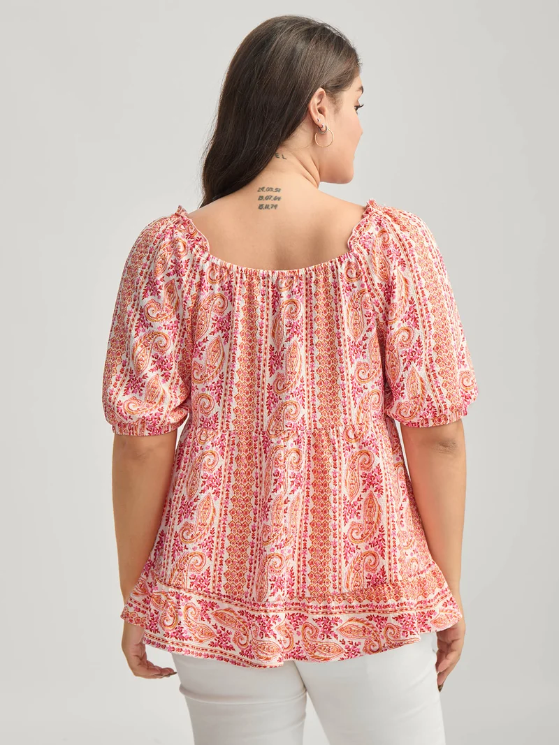 Stripe Paisley Print Ruffled Neck Blouse