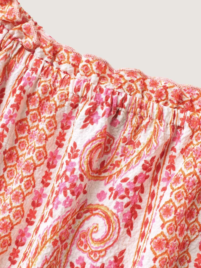 Stripe Paisley Print Ruffled Neck Blouse
