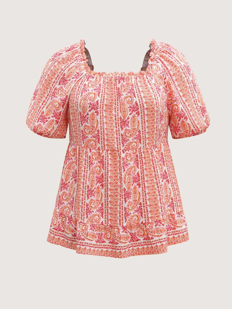 Stripe Paisley Print Ruffled Neck Blouse