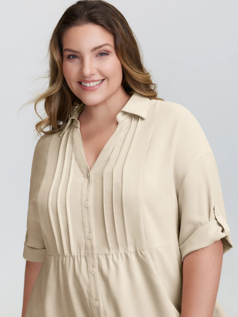 Toothpick Pleats Tab Sleeve Long Blouse