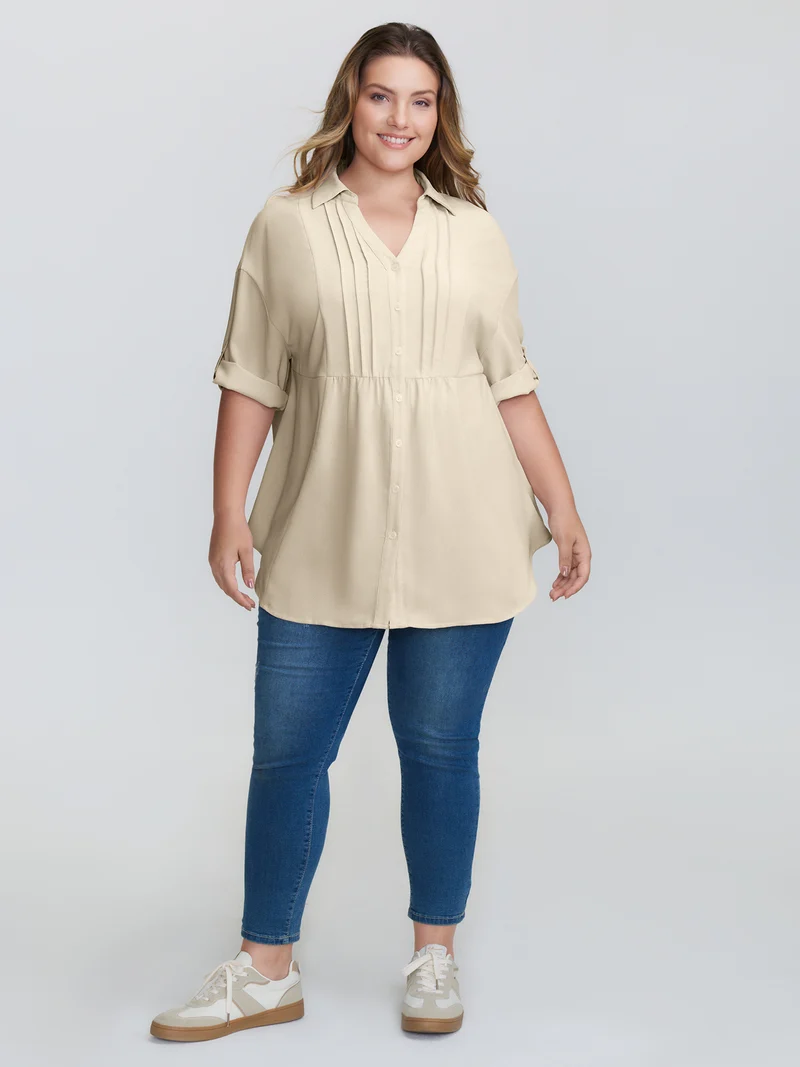 Toothpick Pleats Tab Sleeve Long Blouse