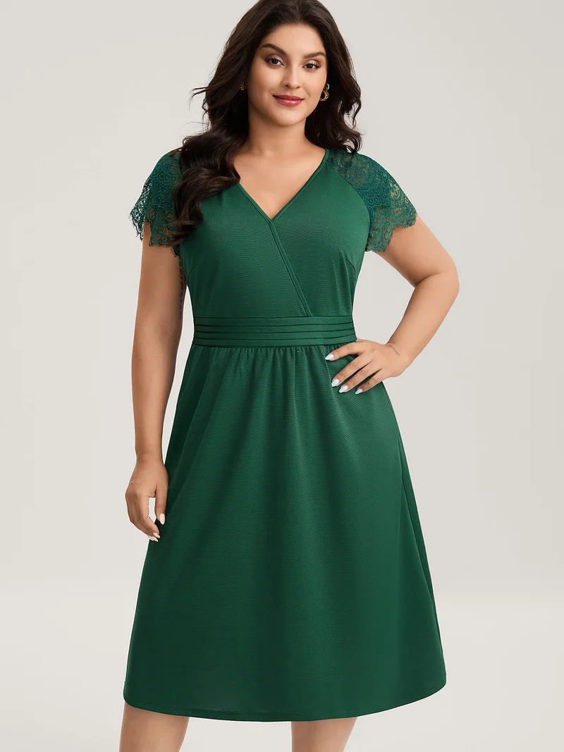 Layered Lace Sleeve Cinched-Waist Midi Dress