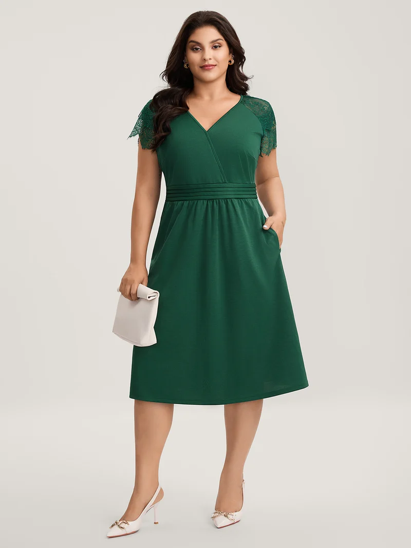 Layered Lace Sleeve Cinched-Waist Midi Dress