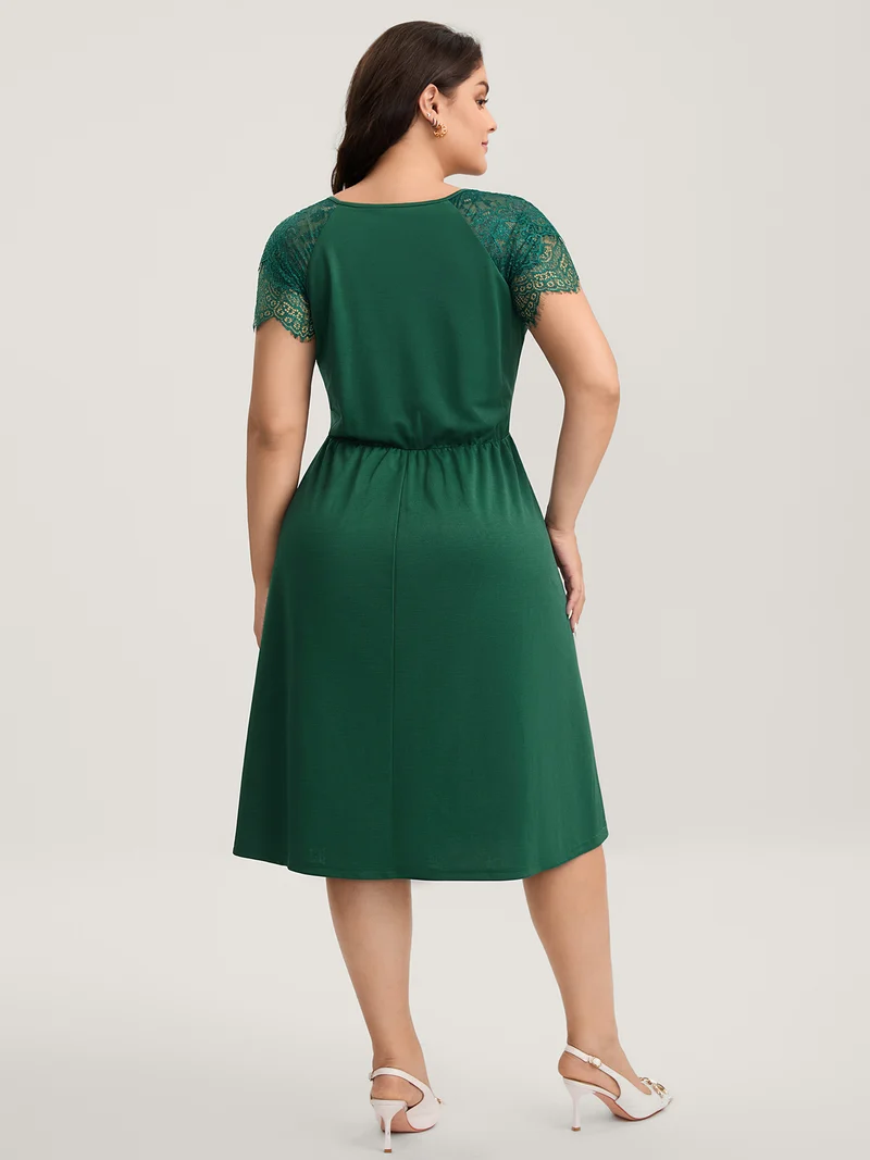 Layered Lace Sleeve Cinched-Waist Midi Dress