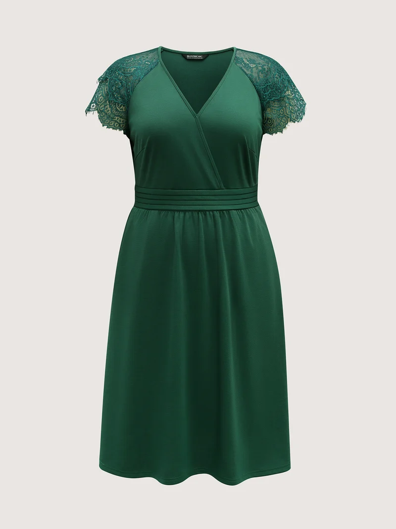 Layered Lace Sleeve Cinched-Waist Midi Dress