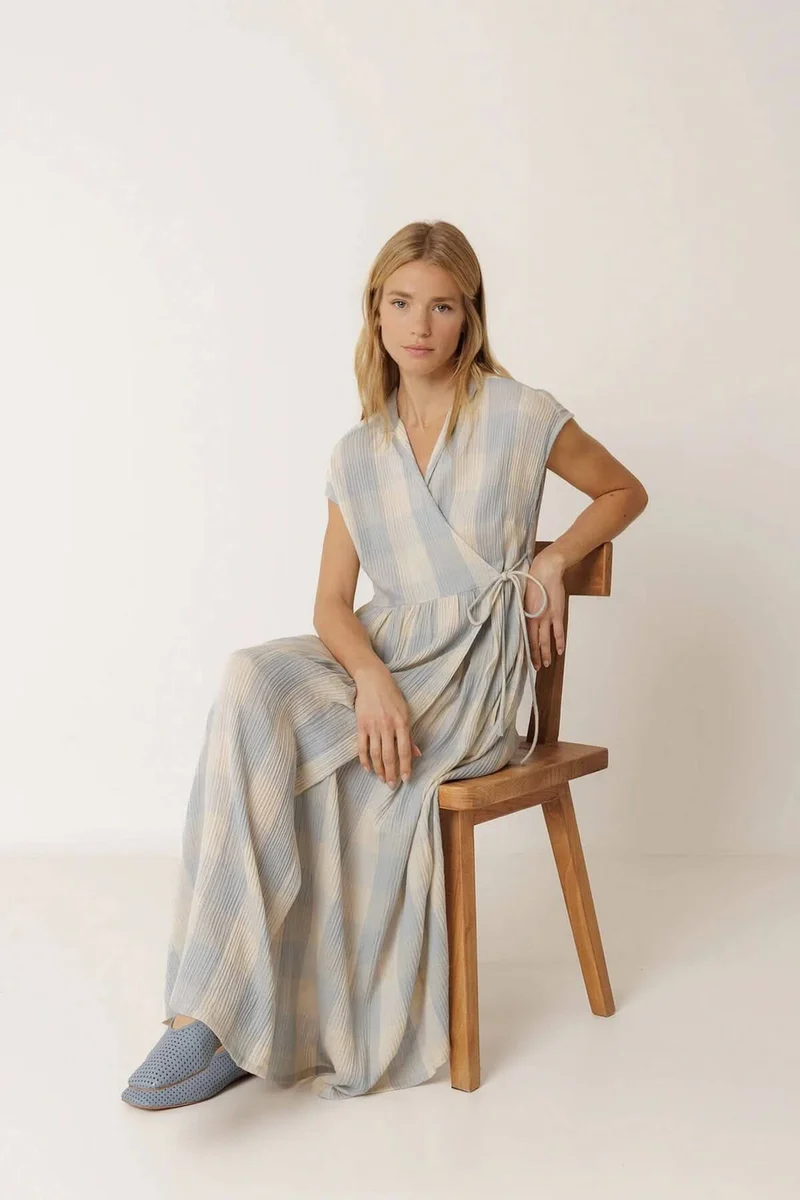 Robe longue portefeuille à carreaux