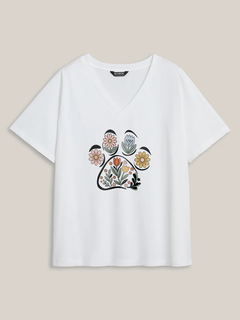 Blooming Flowers Print V-Neck T-Shirt