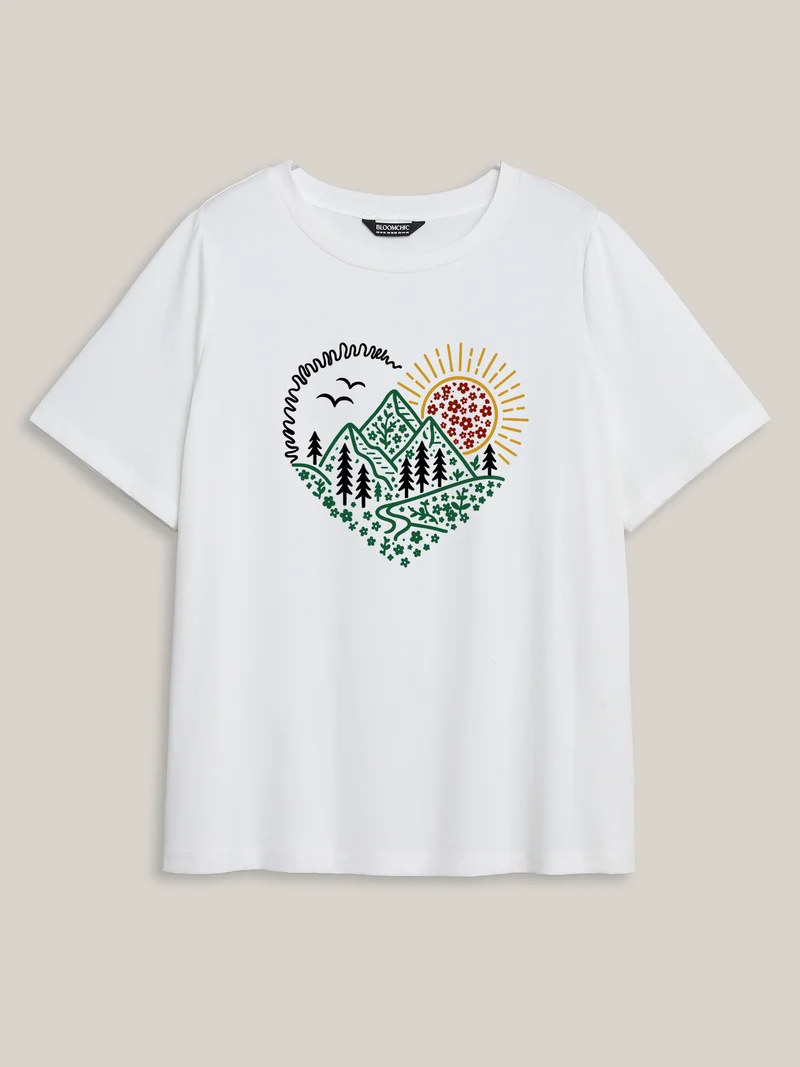 Hello Mountains Print Round Neck T-Shirt