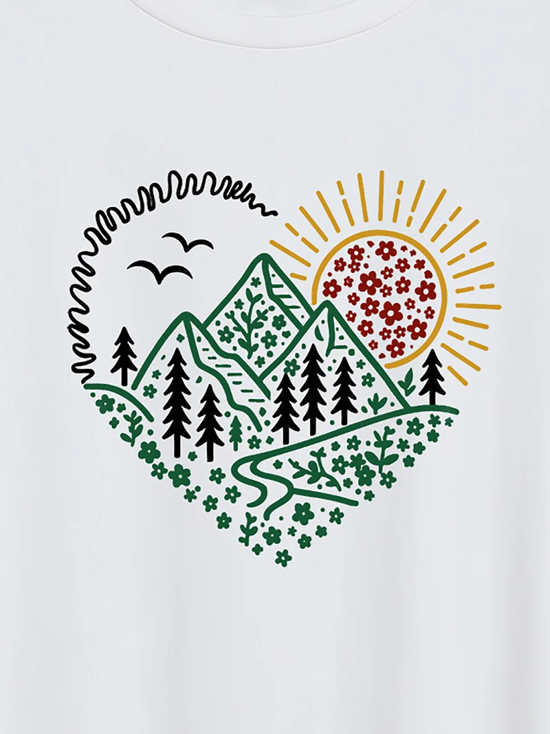 Hello Mountains Print Round Neck T-Shirt