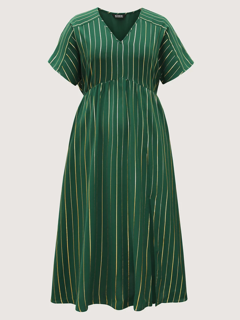 Gold Shimmery Stripes Pockets Midi Dress