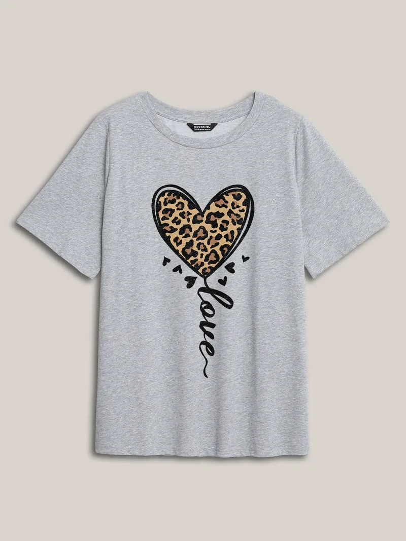 Leo Heart Print Round Neck T-Shirt