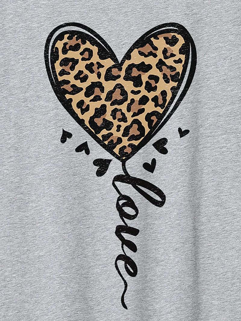 Leo Heart Print Round Neck T-Shirt