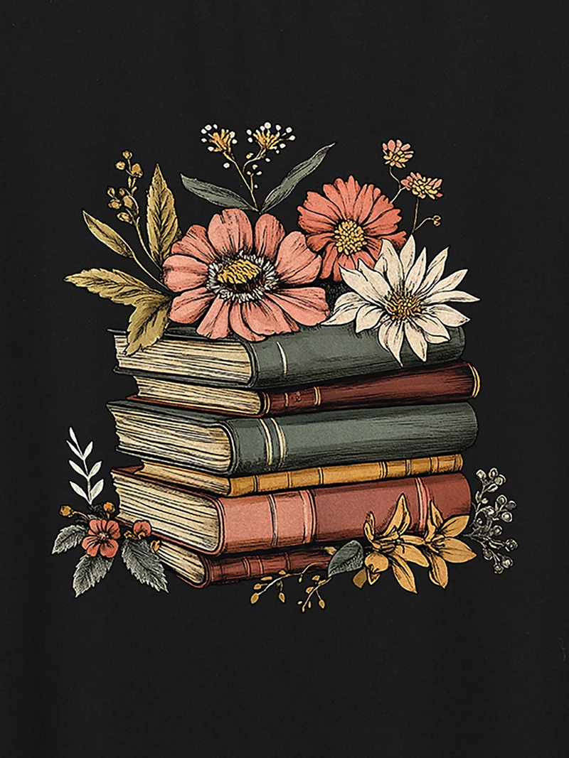 Bookish Florals Print Round Neck T-Shirt
