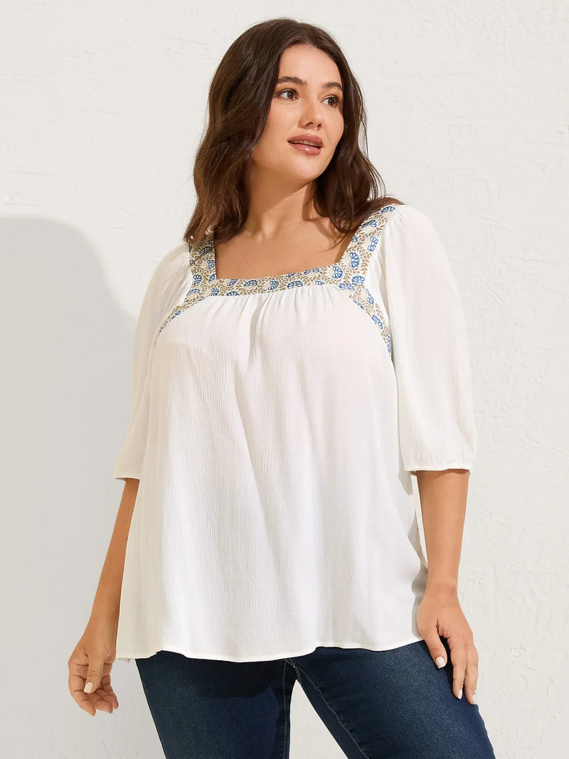 Boho Spliced Neck Pleated Plain Blouse