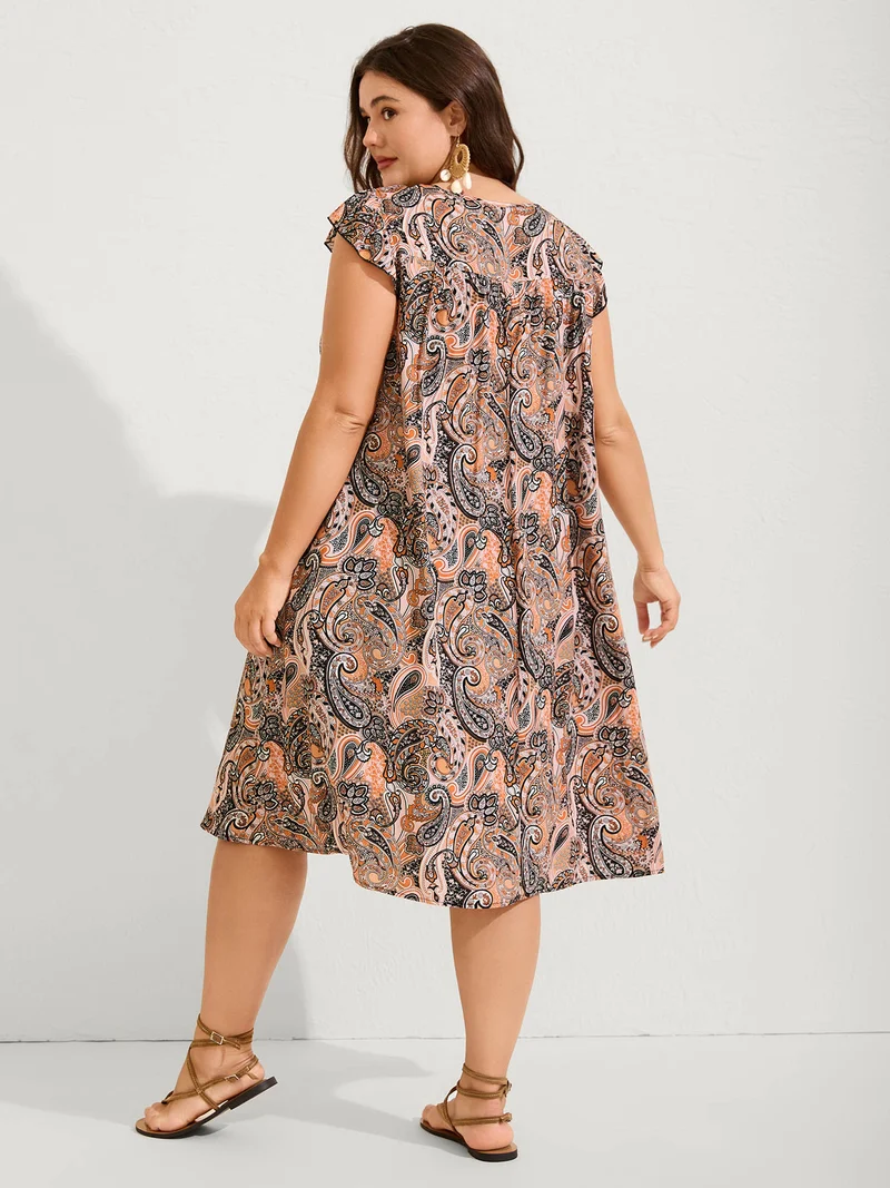 Rayon Paisley Print Neck Tie Midi Dress