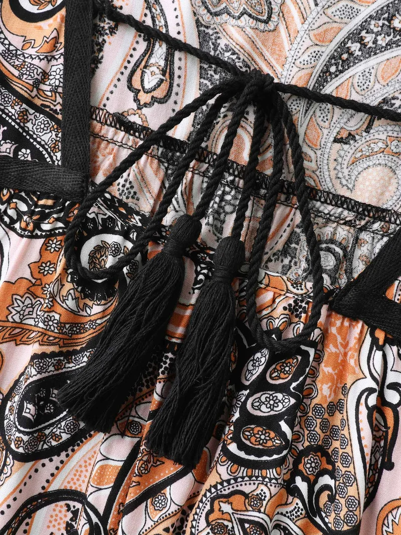 Rayon Paisley Print Neck Tie Midi Dress