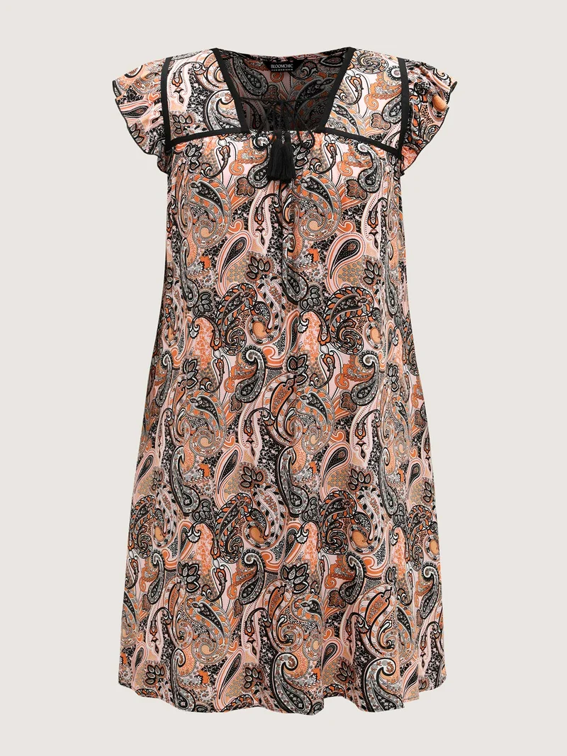 Rayon Paisley Print Neck Tie Midi Dress