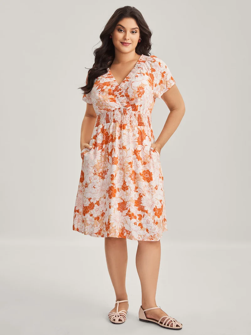 Shirred Neck Floral Print Midi Dress