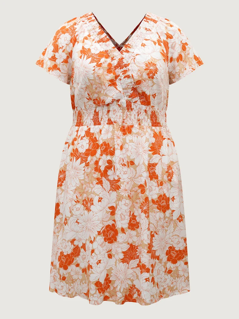 Shirred Neck Floral Print Midi Dress
