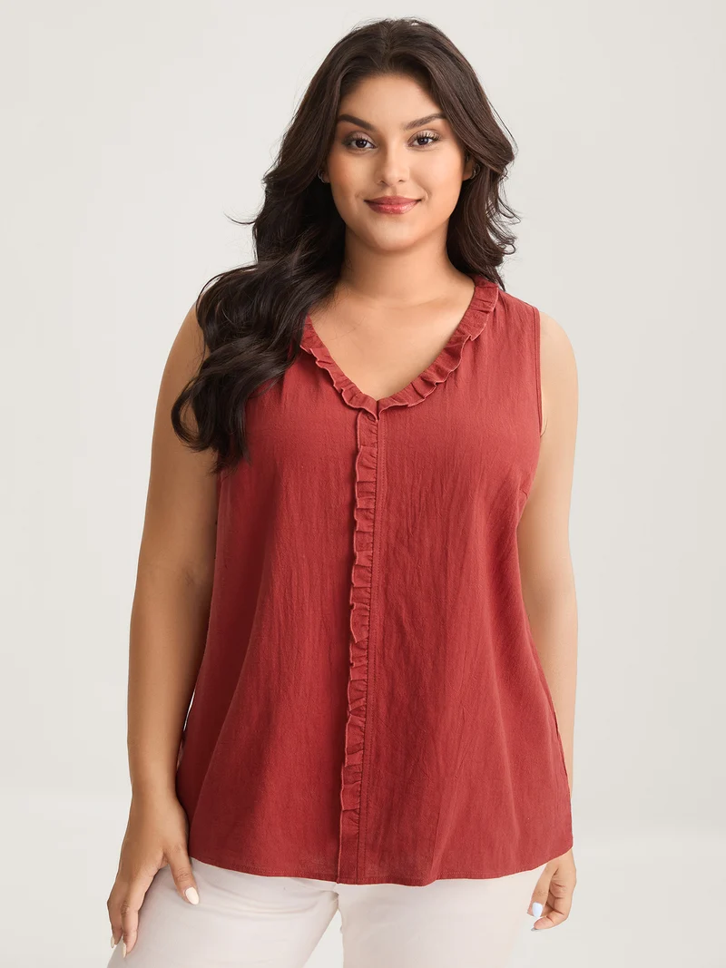 Cotton Ruffled Edges V-Neck Tank Top