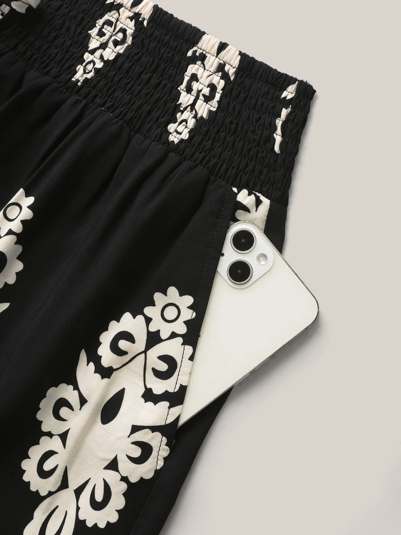 Ornate Print Shirred Wide-Leg Pants