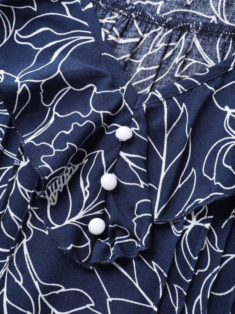 Floral Abstract Print Ruffled Blouse
