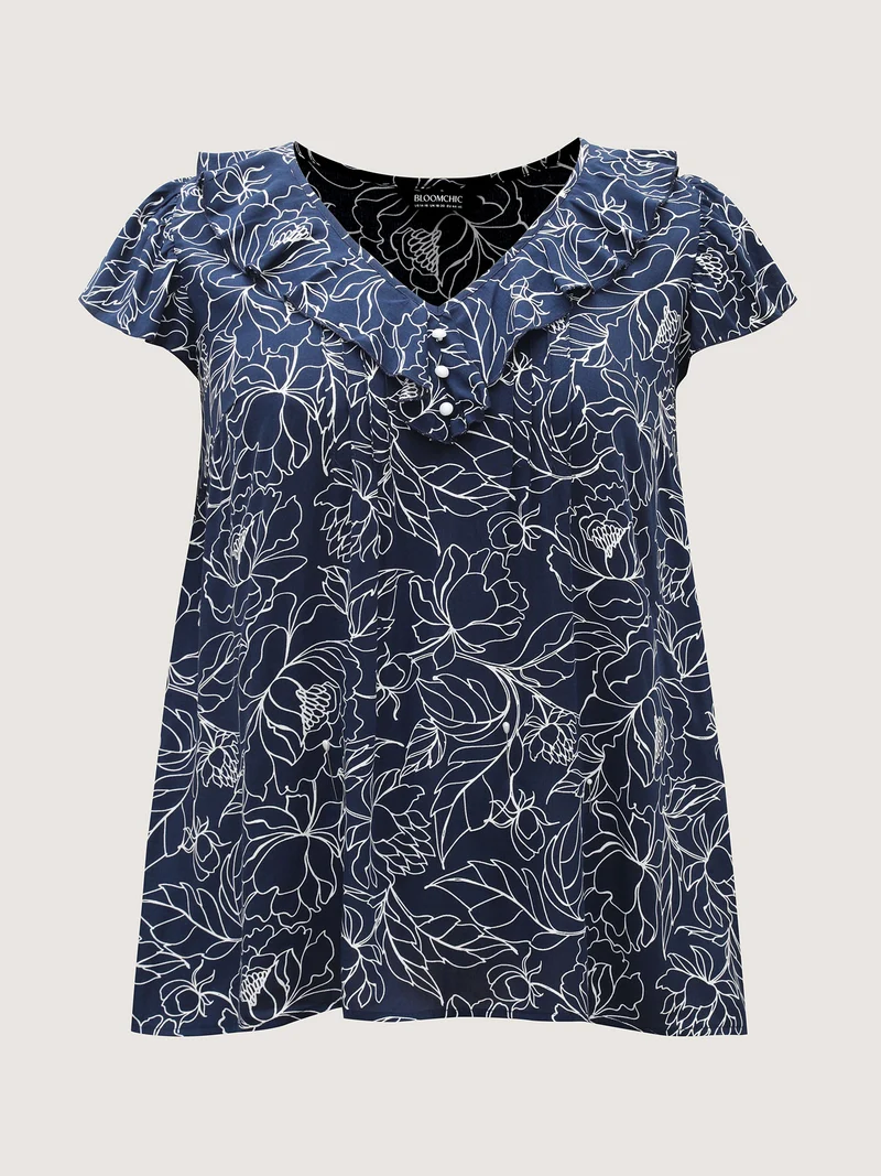 Floral Abstract Print Ruffled Blouse