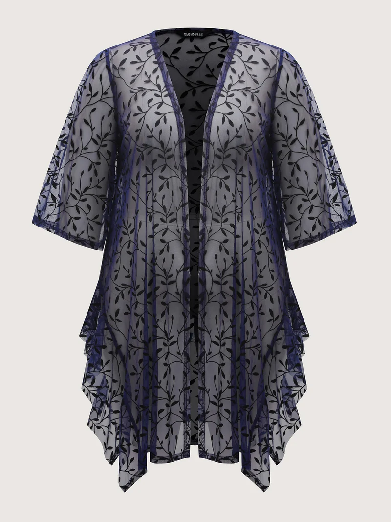 Sheer Jacquard Asymmetrical Hem Kimono