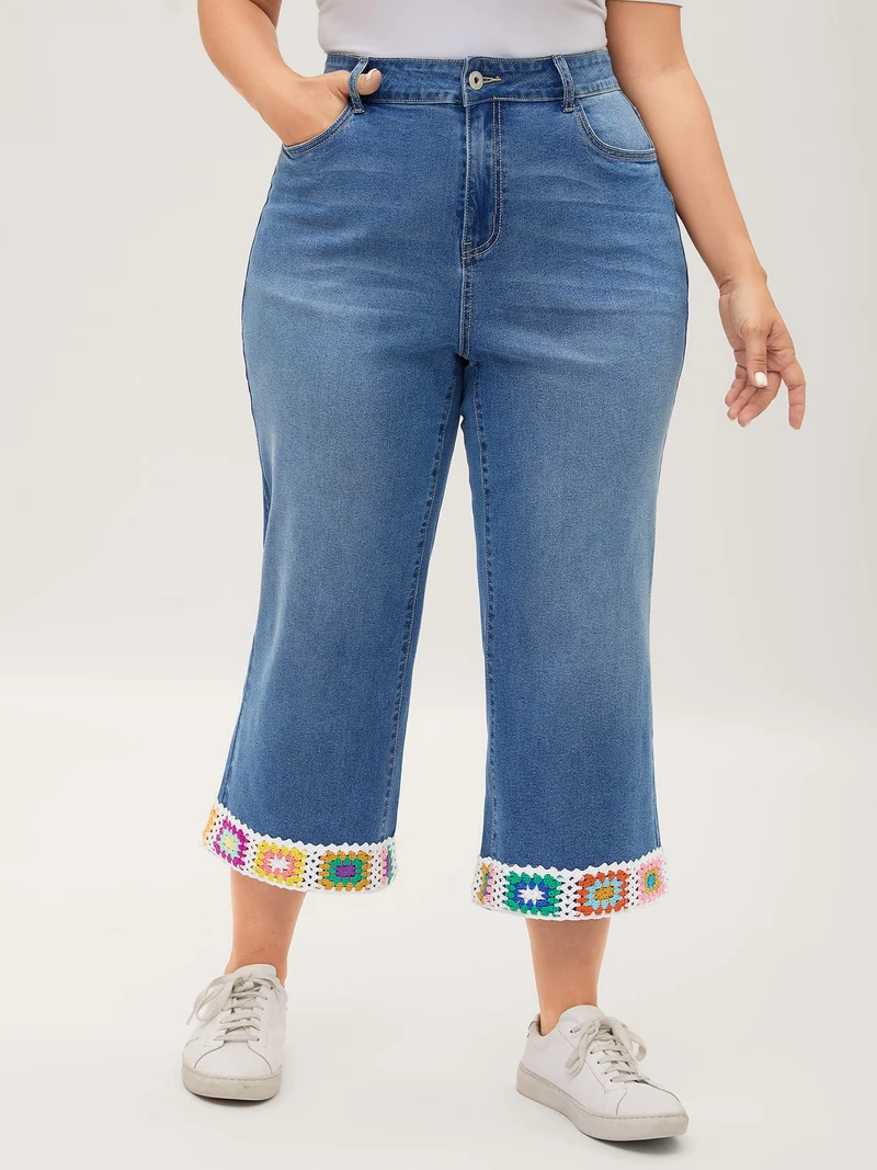 Floral Crochet Hem Bootcut Jeans