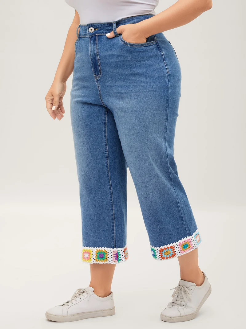 Floral Crochet Hem Bootcut Jeans
