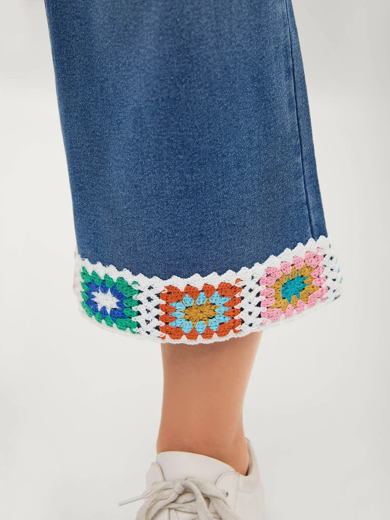 Floral Crochet Hem Bootcut Jeans