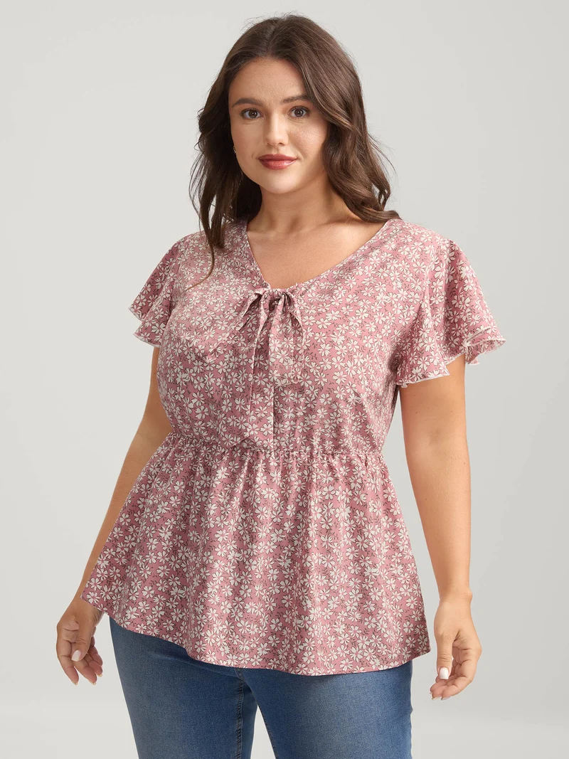 Ribbon Neck Floral Print Ruffled Blouse