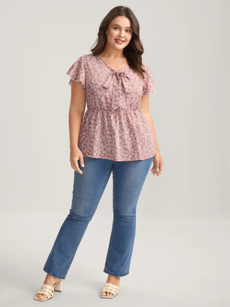 Ribbon Neck Floral Print Ruffled Blouse