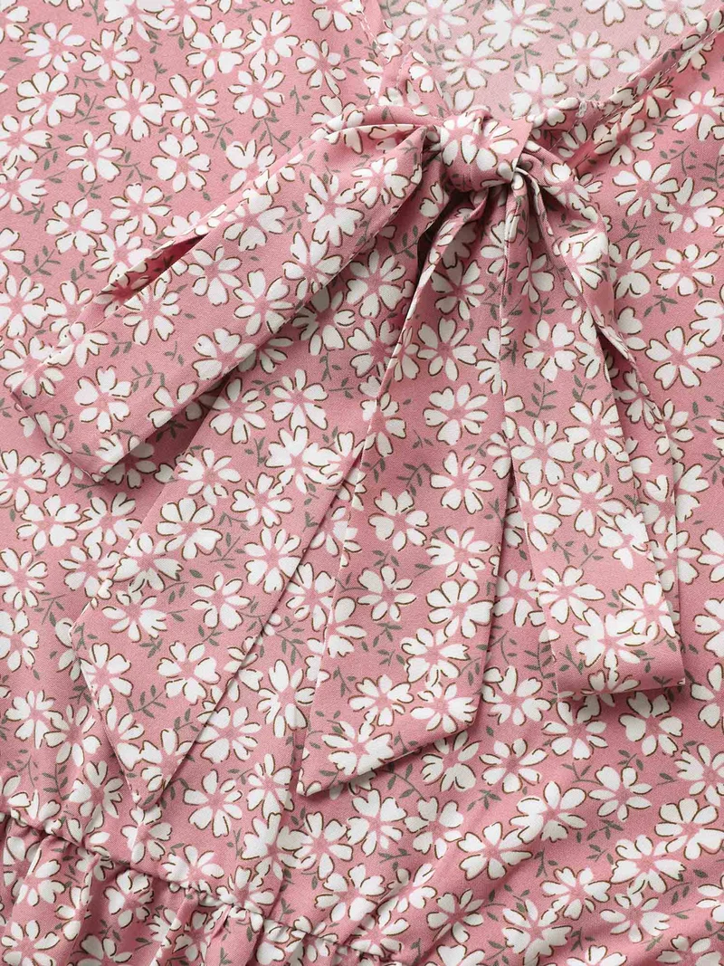 Ribbon Neck Floral Print Ruffled Blouse