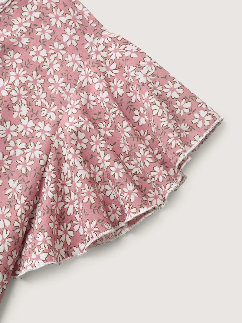 Ribbon Neck Floral Print Ruffled Blouse