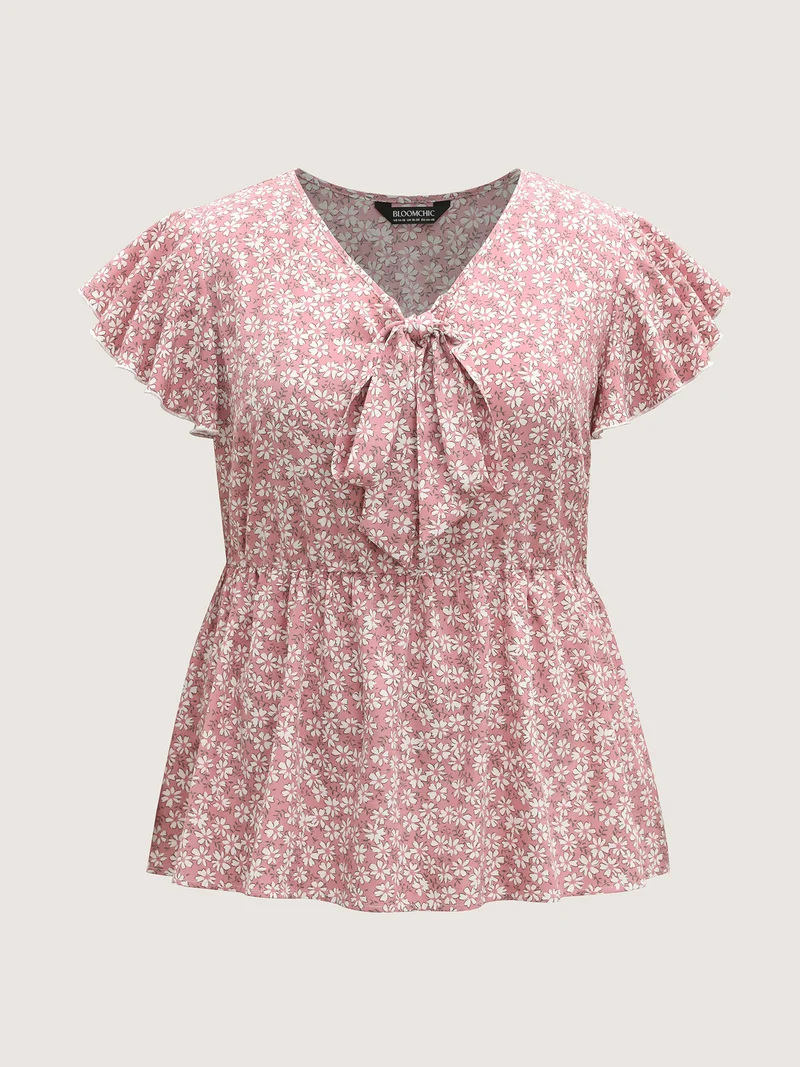 Ribbon Neck Floral Print Ruffled Blouse