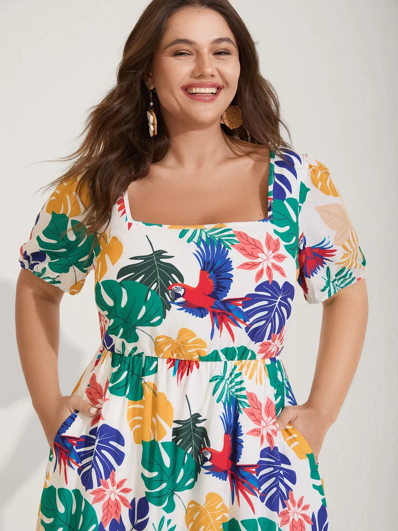 Rayon Groovy Tropical Print Midi Dress