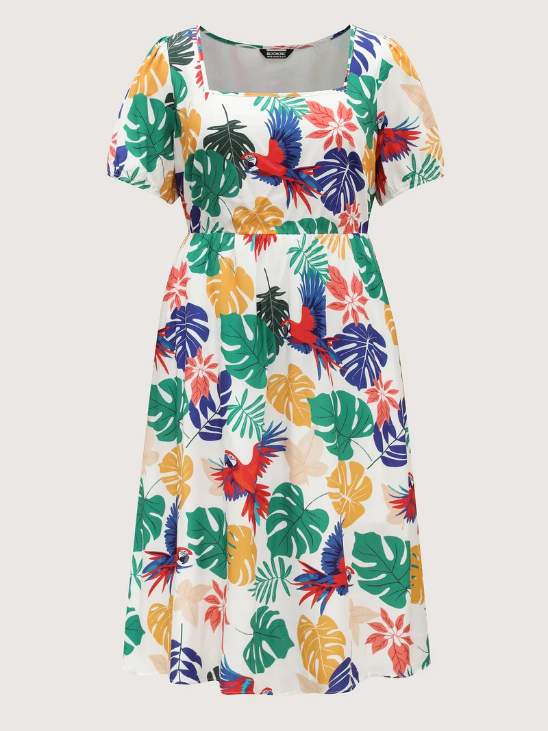 Rayon Groovy Tropical Print Midi Dress