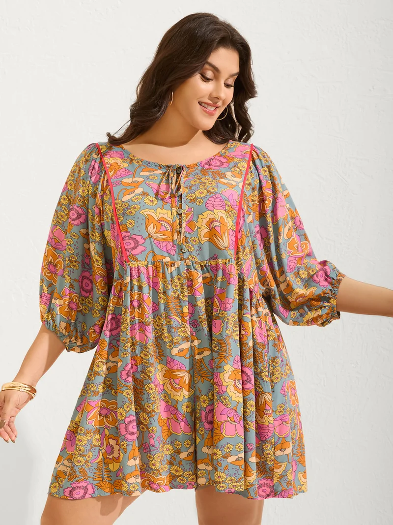 Floral Print Puffy Sleeve Flowy Romper