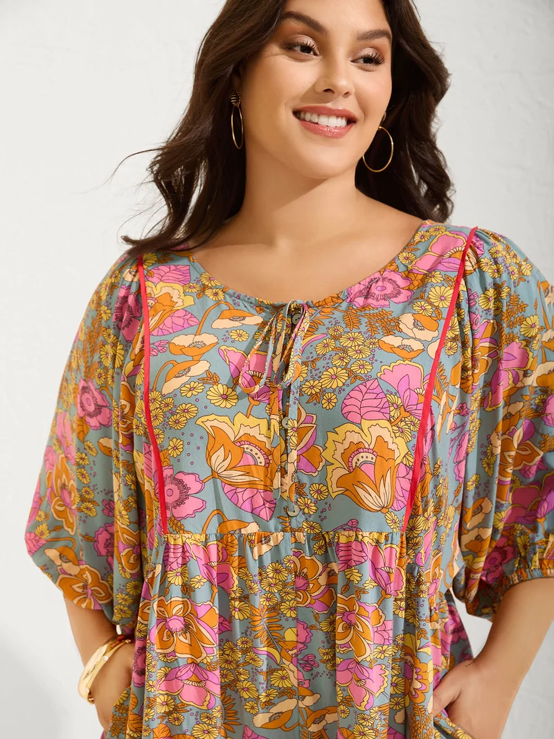 Floral Print Puffy Sleeve Flowy Romper