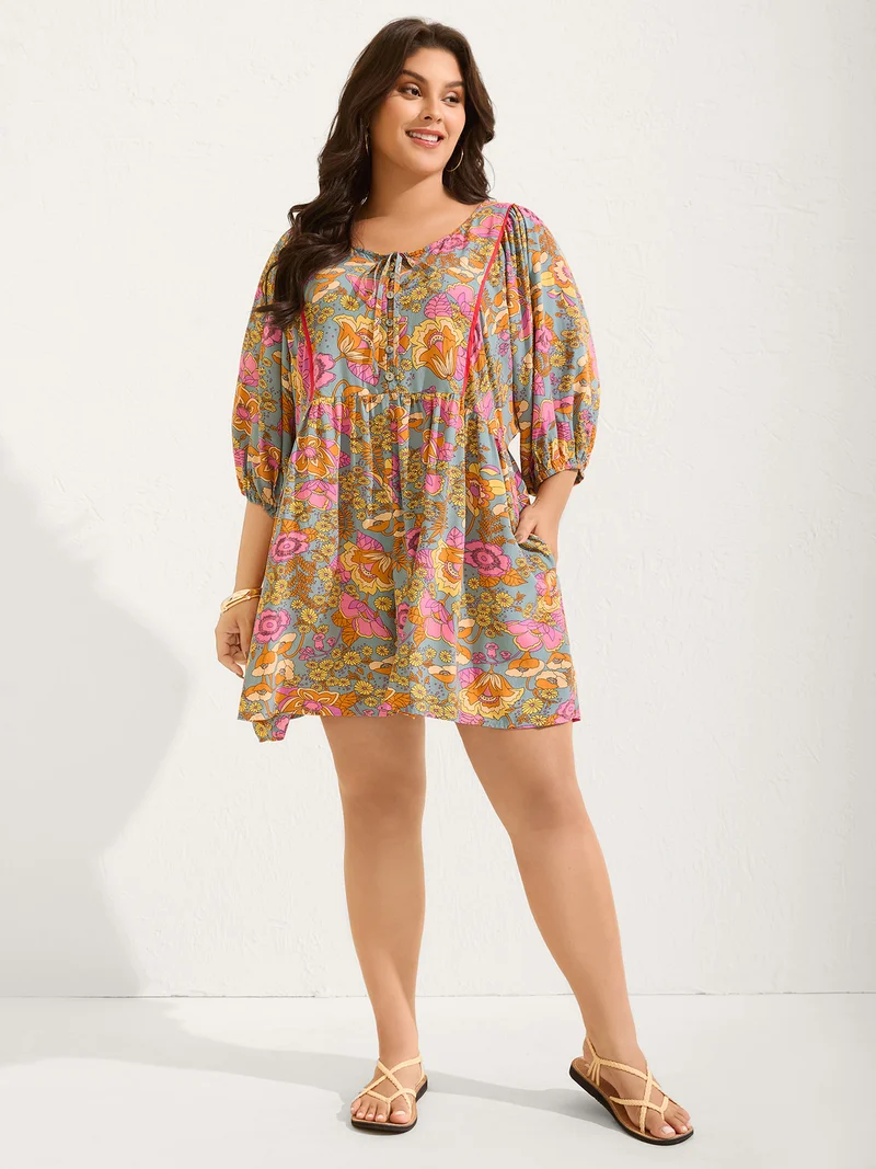Floral Print Puffy Sleeve Flowy Romper