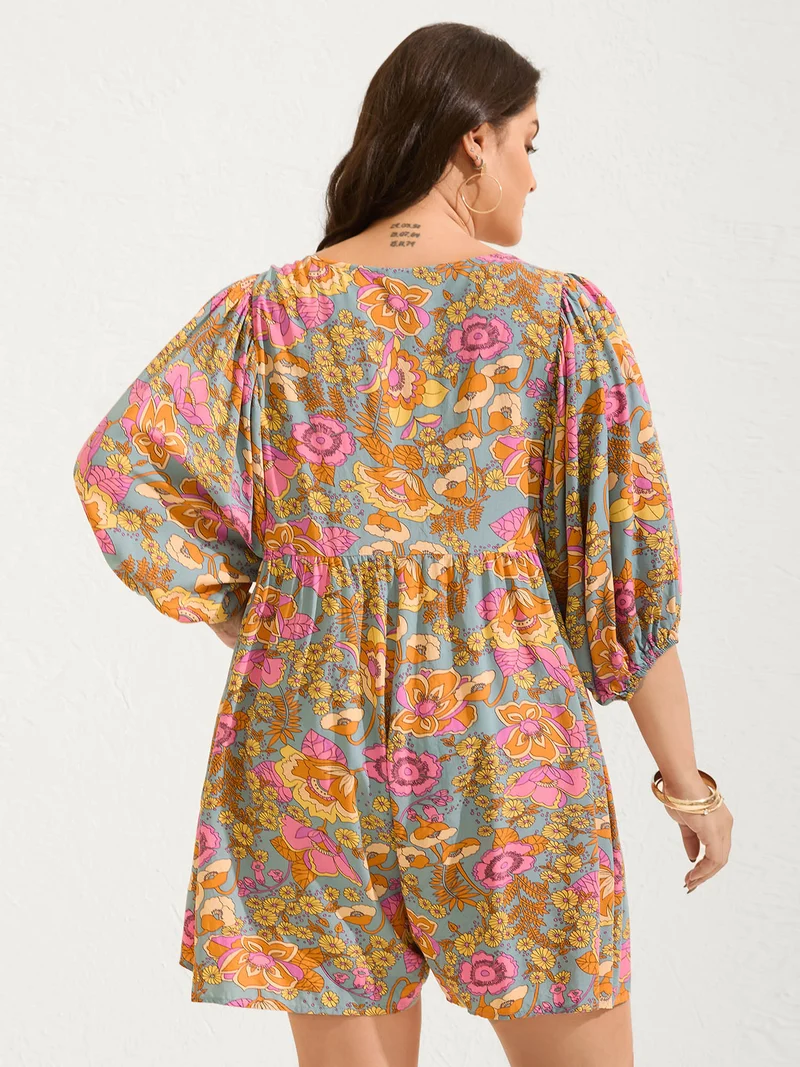 Floral Print Puffy Sleeve Flowy Romper