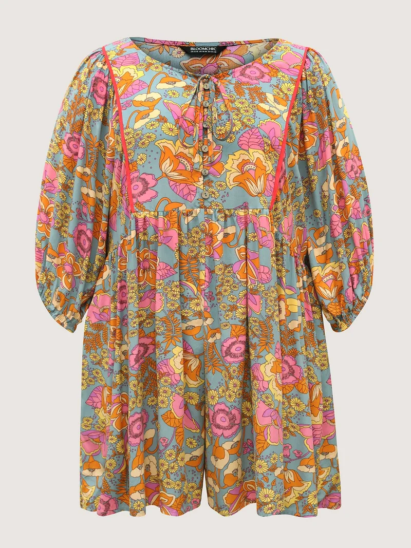Floral Print Puffy Sleeve Flowy Romper