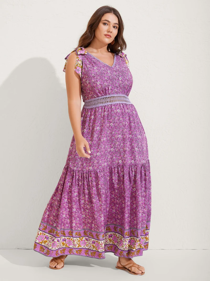 Ribbon Shoulder Tie Tiered Maxi Dress