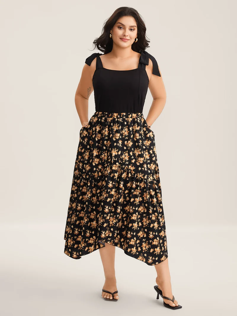 Ditsy Floral High Low Hem Midi Skirt