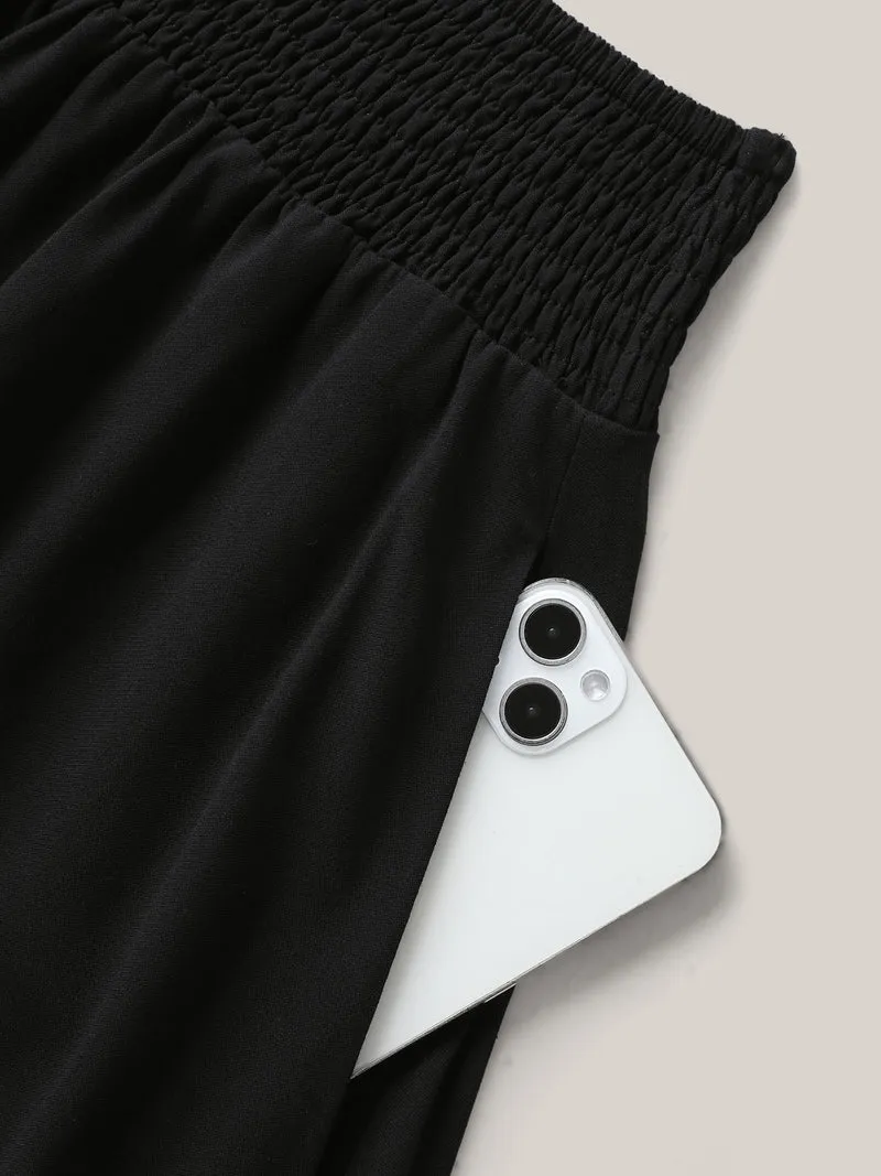 Wide Shirred Waist Flared Maxi Skirt