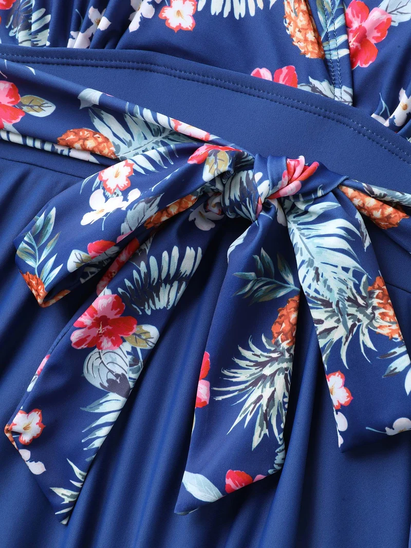 Tropical Floral Print Waist-Tie Swim Dress